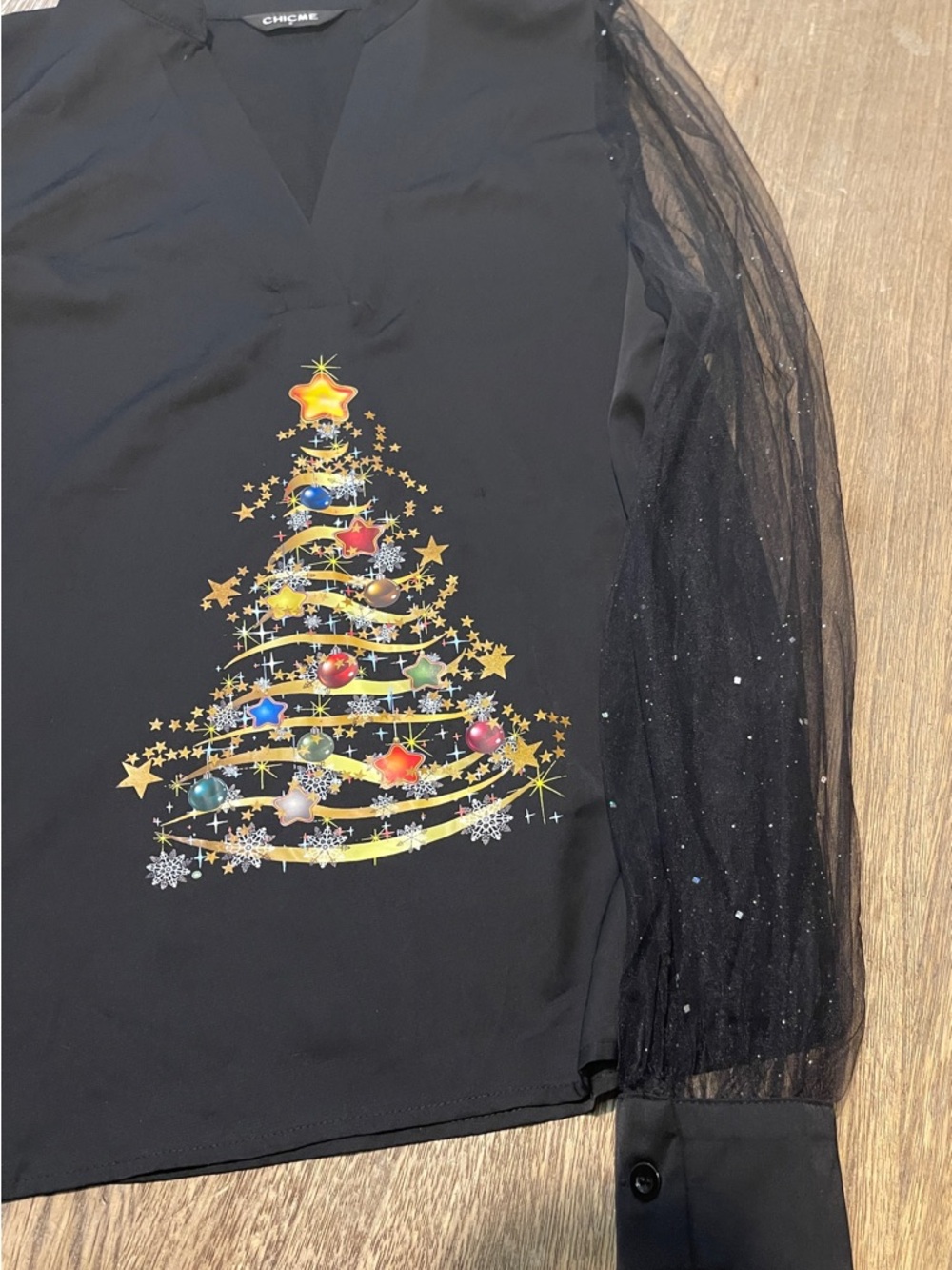 chic Black Sheer-Sleeve Top with Holiday Tree Graphic, Size Small - Picture 10 of 12